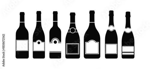 Elegant collection of various wine and champagne bottle silhouettes, perfect for diverse beverage designs
