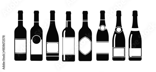 Set of silhouette wine bottles with empty labels for customization