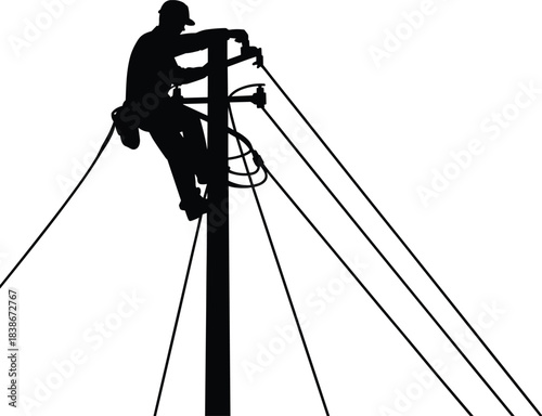 Silhouette of electrical lineman working on utility pole, fixing power lines, maintenance work, high voltage repair, professional electrician safety