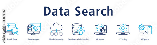 Banner focusing on searching, analyzing, and storing data via cloud, databases, support and settings.