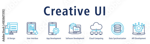 Banner representing UI creation from interface layout to app dev, software, cloud tools and API.
