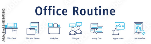 Banner showing daily office routines through desks, files, dialogues, chats and UI.