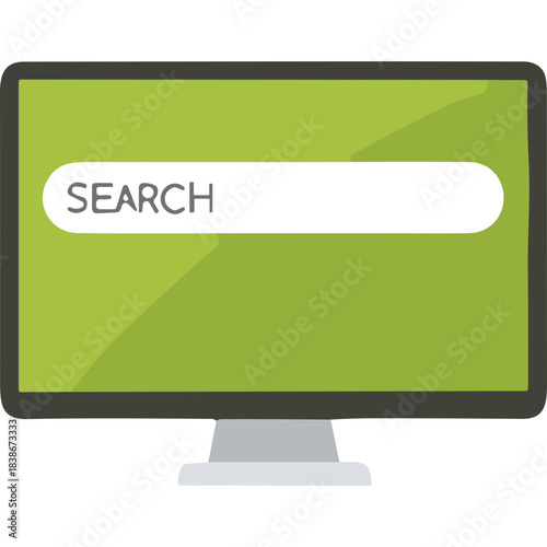 Minimalist illustration of a computer monitor displaying a search bar with the word SEARCH in white text on a bright green screen and a grey stand symbolizing digital information and online discovery