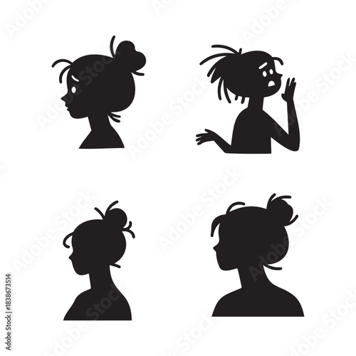  Four Black Silhouettes of a Woman with Bun Showing Different Emotions.