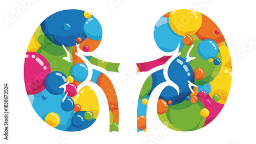 Vibrant Kidney Illustration: An abstract representation of the kidneys, showcasing a colorful and lively design filled with artistic details.