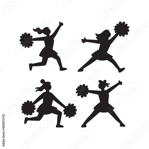 Four Black Silhouettes of Cheerleaders Posing with Pom-Poms and Jumps.