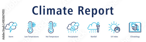 Climate Report web banner icon vector illustration with icons of Storm, Low Temperatures, Hot Temperature, Precipitation, Rainfall, UV Index, and Climatology.