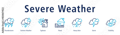 Severe Weather web banner icon vector illustration with icons of Thunderstorm, Extreme Weather, Typhoon, Flood, Heavy Rain, Storm, and Visibility.
