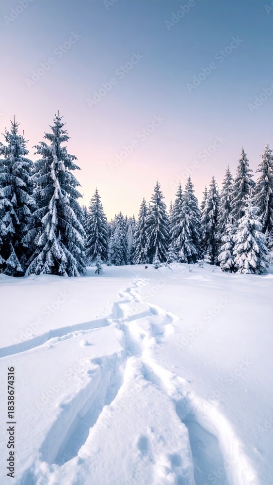 Fototapeta premium Winter Wonderland Path Through Snow-Covered Forest at Sunset.