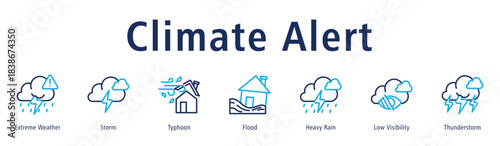 Climate Alert web banner icon vector illustration with icons of Extreme Weather, Storm, Typhoon, Flood, Heavy Rain, Low Visibility, and Thunderstorm.
