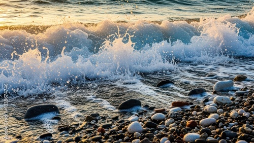 Ocean wave cresting on a pebble beach at sunset, spray and backlight