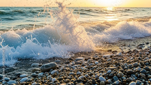Ocean wave crashes on pebble shore at sunset, spray illuminated, sun reflecting on water