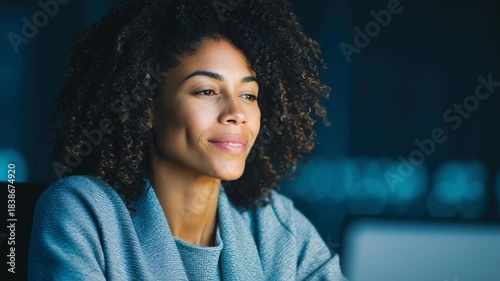 Confident woman office with laptop and smile, curly hair and casual yet professional style night, screen glow and focus work business people, workspace, modern technology, freelance remote startup