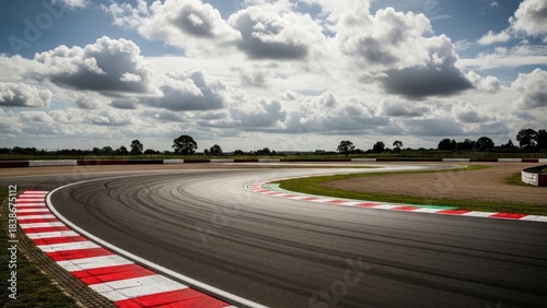 Race track with a curving asphalt road under a cloudy sky and green surroundings