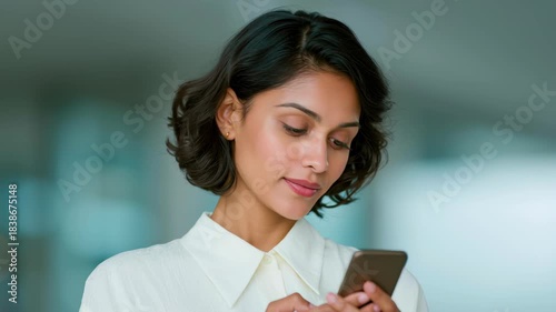 Calm confident woman using smartphone mobile phone device for work and business modern office, focused business people background, soft natural light technology communication professional mood