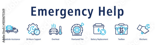 Emergency Help web banner icon vector illustration with icons of Roadside Assistance, 24 Hours Support, Overheat, Punctured Tire, Battery Replacement, Toolbox and Mechanic.