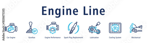 Engine Line web banner icon vector illustration with icons of Car Engine, Gearbox, Engine Performance, Spark Plug Replacement, Lubrication, Cooling System and Mechanical.