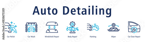 Auto Detailing web banner icon vector illustration with icons of Car Polish, Car Wash, Windshield Repair, Body Repair, Painting, Wiper and Car Door Repair.