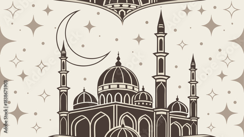 Sunset Gradient Sky with Mosque Silhouette Vector Illustration