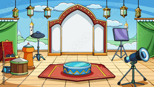 Sunset Gradient Sky with Mosque Silhouette Vector Illustration