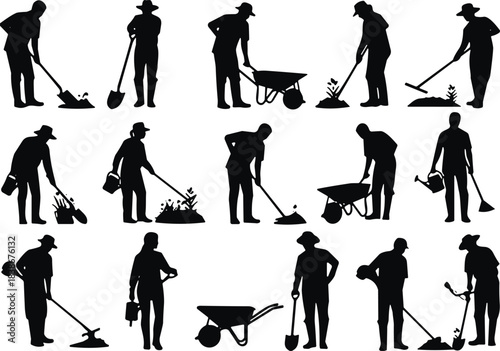 Silhouettes of gardeners working with tools, digging soil, watering plants, pushing wheelbarrows, outdoor gardening activities, landscaping labor, agriculture worker illustrations set