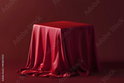 Elegant red cloth covering a pedestal in a dark dramatic studio setting.