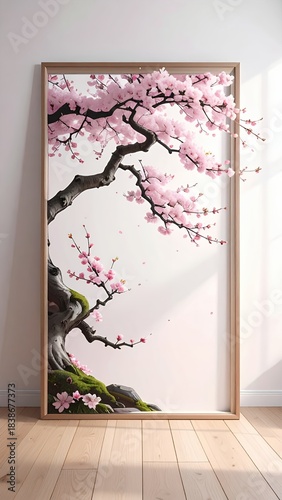 Elegant Cherry Blossom Tree Artwork in a Minimalist Interior.