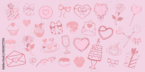 A collection of pink hand drawn illustrations depicting love and sweet treats