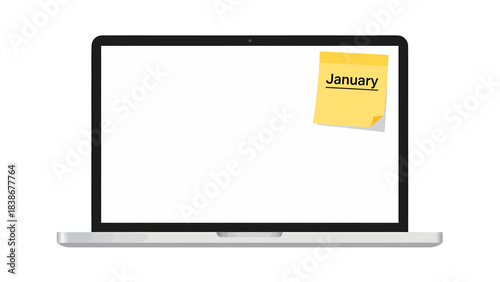 Laptop with Yellow Sticky Note for January Calendar Reminder
