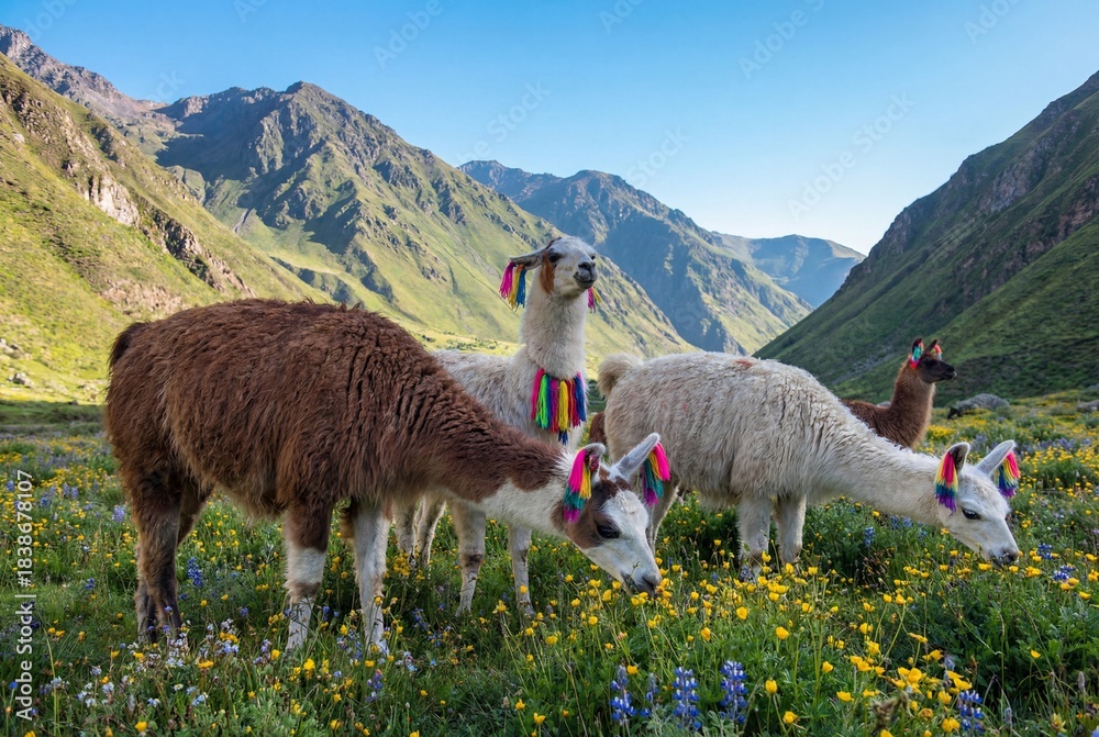 Obraz premium Herd of llamas with colorful ear tassels grazing in a lush green mountain meadow with wildflowers