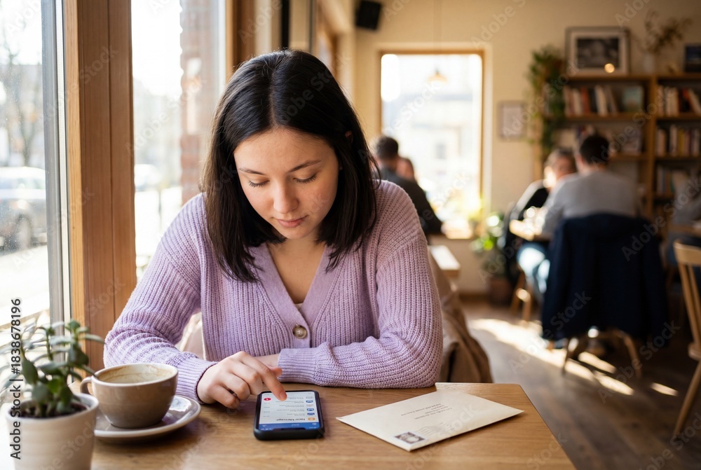 Obraz premium Young woman in purple cardigan using smartphone at cafe table near coffee cup and white postal letter