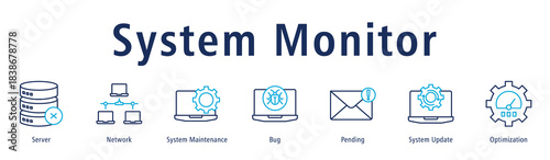 System Monitor banner with icons of Server, Network, System Maintenance, Bug, Pending, System Update and Optimization.