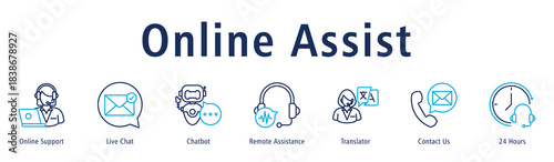 Online Assist banner with icons of Online Support, Live Chat, Chatbot, Remote Assistance, Translator, Contact Us and 24 Hours.