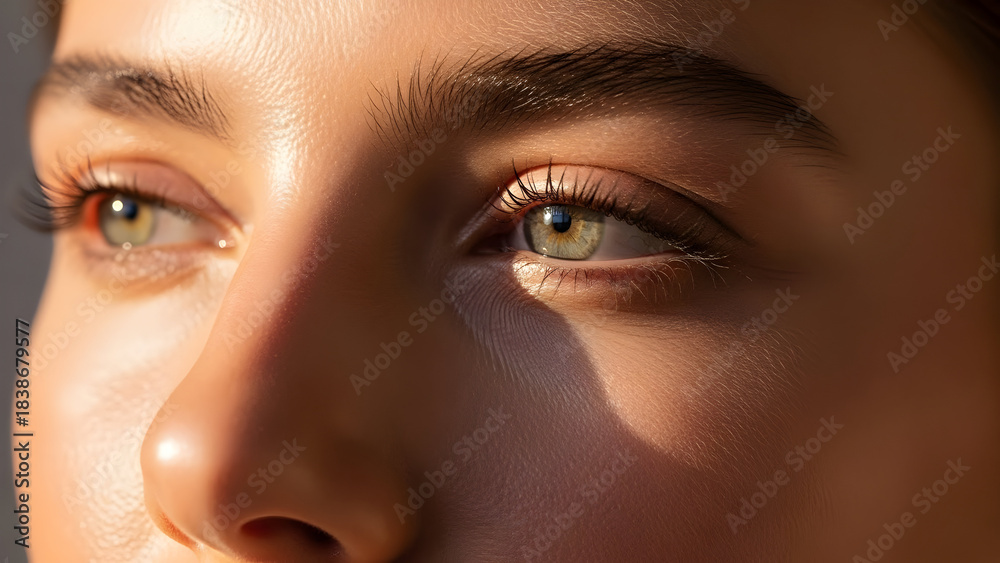 Fototapeta premium Intimate close up portrait of female eyes bathed in warm sunlight.