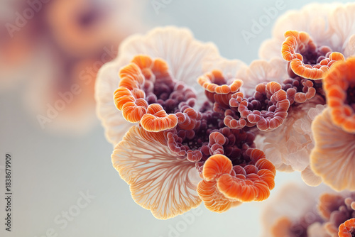 Macro view of vibrant, complex symbiotic bacterial forms creating intricate, swirling biological textures. Abstract microbial life concept.