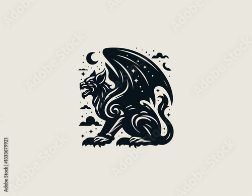 Night sky guardian gargoyle perched in powerful silhouette shown in bold black vector logo illustration