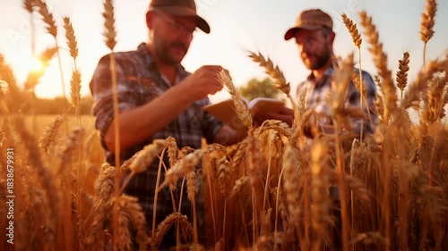 A man in a plaid shirt and hat is engrossed in reading a book amidst a wheat field during sunset. The scene is bathed in warm, golden light.