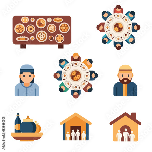 Flat vector icons of Islamic celebration, community, food, and people gathering