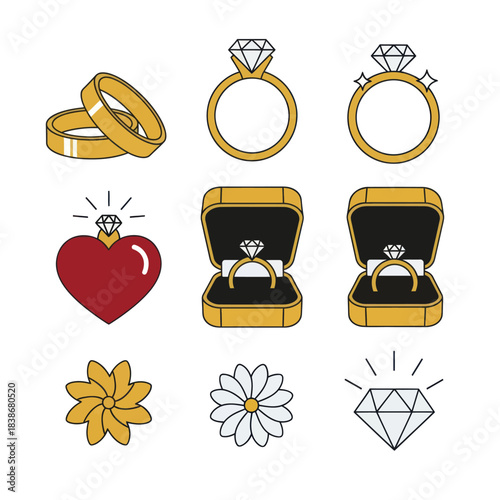 Gold Wedding and Diamond Engagement Rings, Heart, and Flower Vector Icon Collection