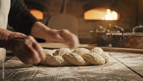 Woman hands braiding fresh bread dough on a rustic table by a warm brick oven