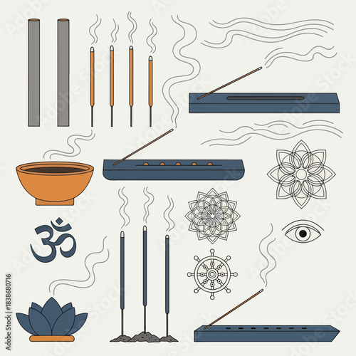 Spiritual Incense Sticks, Burners, and Meditation Symbols Collection