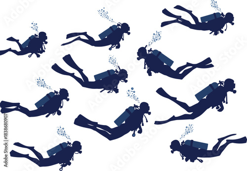 Scuba diving silhouettes, underwater divers exploring the ocean, deep sea adventure, marine life illustration, water sports activity, snorkeling vector design