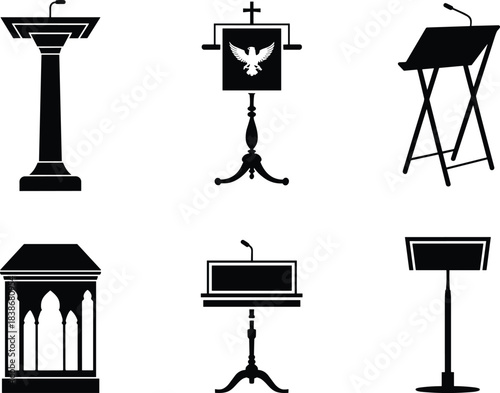 Set of podium and lectern silhouettes with microphone, church pulpit design, presentation stand icons, vector illustration for public speaking concept