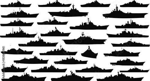 Silhouette collection of military battleships, war vessels, navy destroyers, combat ships, maritime fleet silhouettes isolated on white background for design, illustration, and decoration