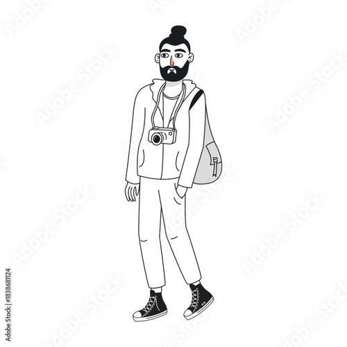 A  man with a beard and a bun on his head, wearing a backpack on his shoulder and a camera around his neck. Doodle, vector graphics, hand-drawn.