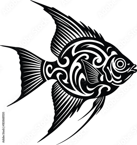 Tribal angelfish vector illustration, detailed ornamental fish design, black and white tattoo style, tropical marine art, decorative aquatic pattern