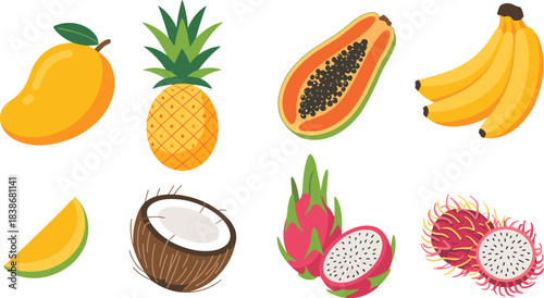 Tropical fruit collection, colorful mango, pineapple, papaya, banana, coconut, dragon fruit, rambutan illustration, fresh summer fruit design, healthy food clipart