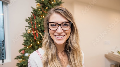 A vertical shot of a Caucasian woman drinking tea near a Christmas tree in th...