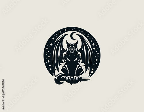 Night sky guardian gargoyle perched in powerful silhouette shown in bold black vector logo illustration