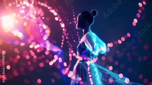 A digital artwork portraying a woman in a flowing dress, surrounded by a vibrant, multicolored bokeh background. The womans silhouette is illuminated with a myriad of colors, including blues.